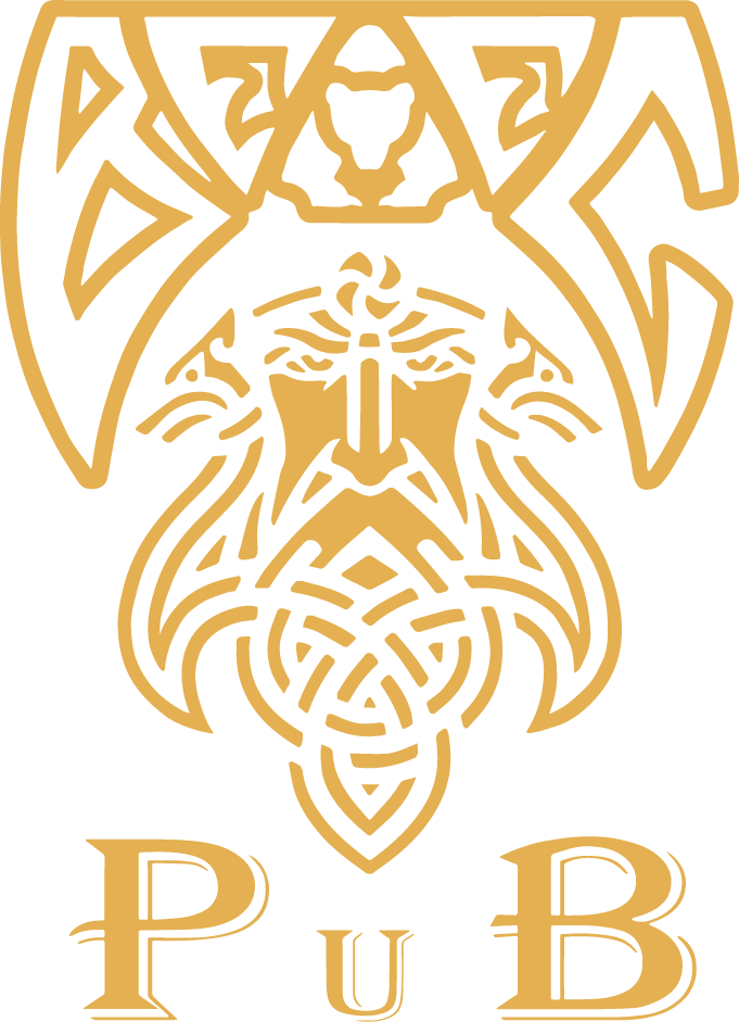 Логотип Велес паба, на котором изображен стилизованный портрет бога Велеса, выполненный в геометрическом стиле и золотисто желтых оттенках.